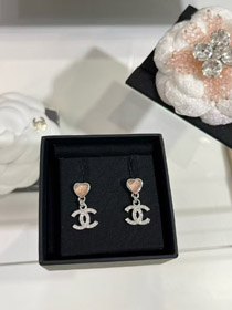 Chanel pink little heart silver full diamond double C earrings-0230  