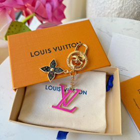 Louis Vuitton LV black tricolor old flower pink letter keychain -0244  